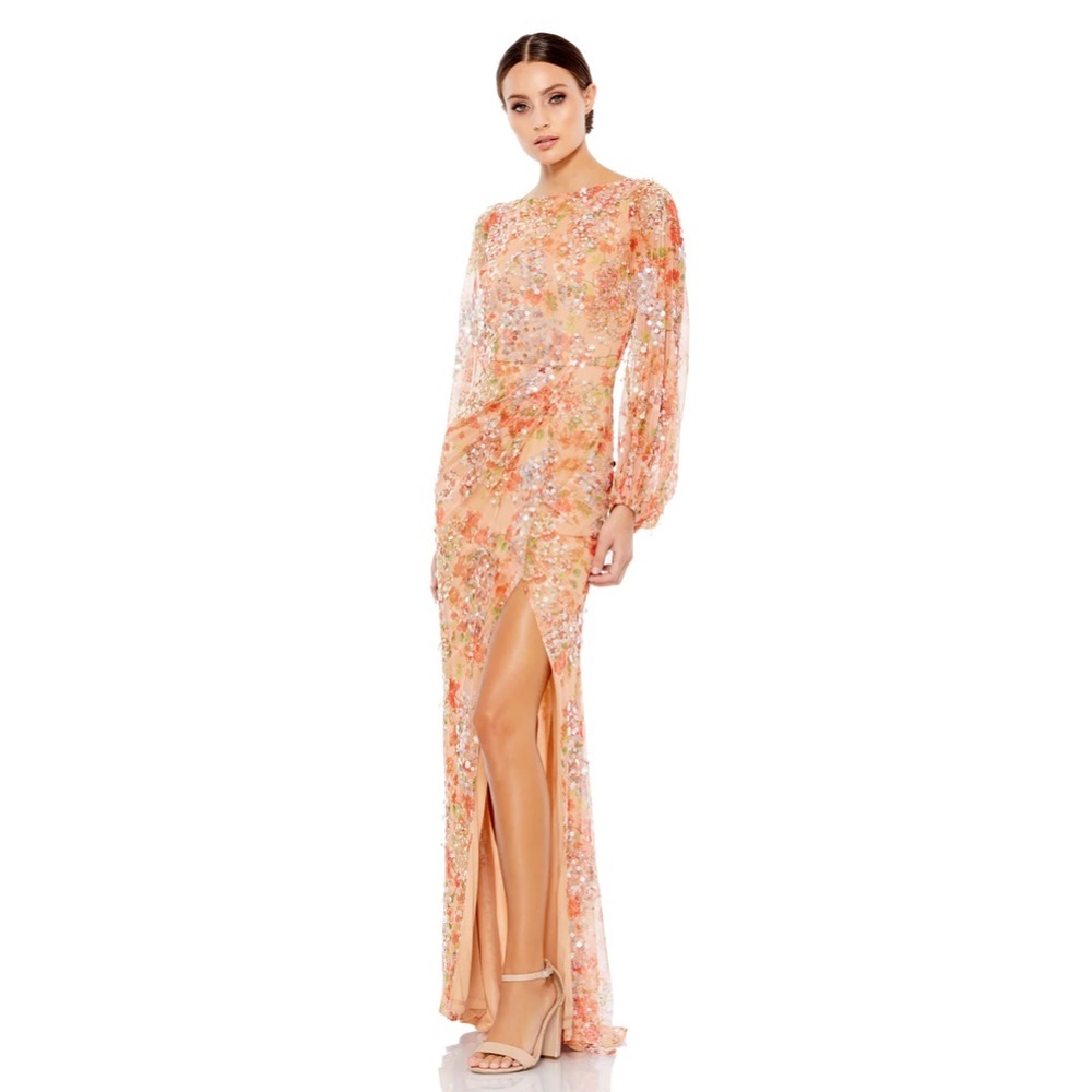 Mac Duggal 93547 FLORAL PRINT SEQUINED PUFF SLEEVE GOWN